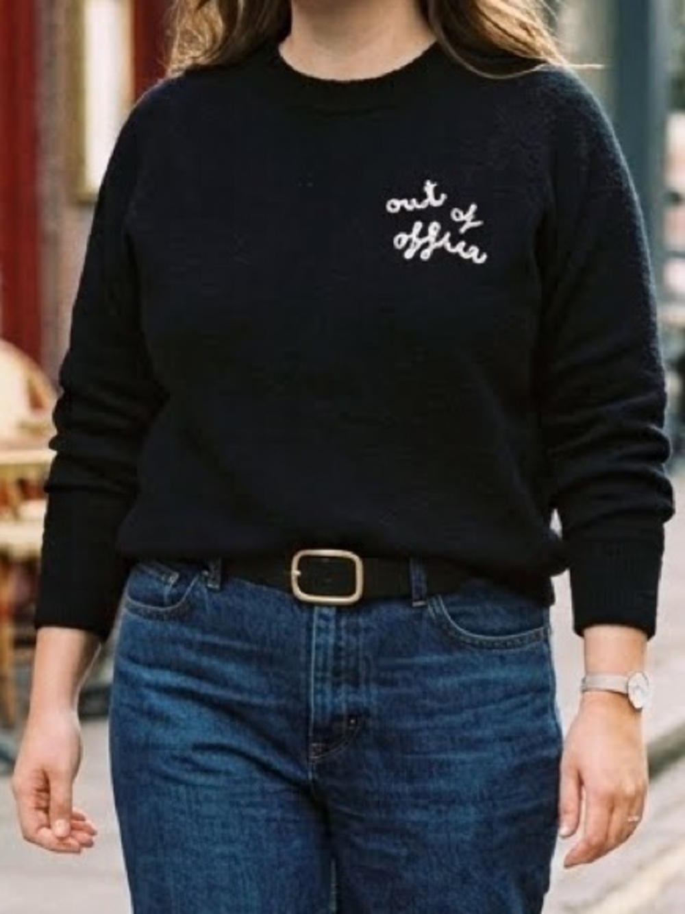 A New Day Out Of Office Embroidered Crewneck Sweater Black Large